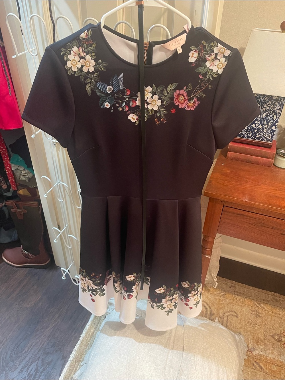 Ted Baker Black Floral Fit & Flare Dress with White Hem